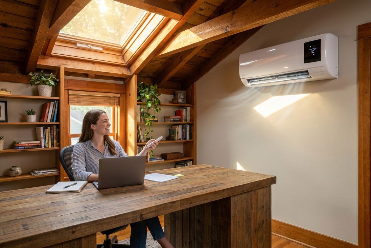 CoolCove in Emma’s attic home office — working at 75 °F while it’s 91 °F outside
