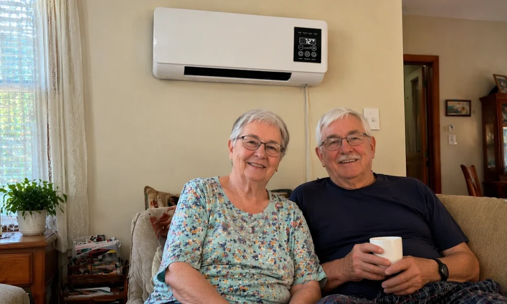 Senior couple in their living room with the CoolCove mounted on the wall
